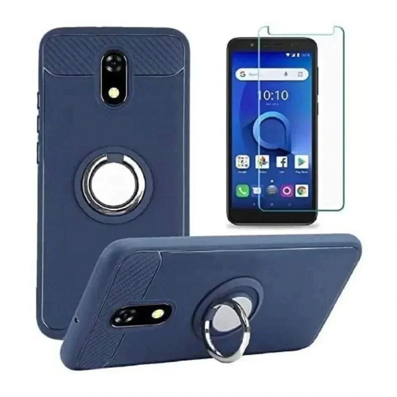 BLU View 3 Case with Tempered Glass Screen Protector Rotating Ring Magnetic Blue - Picture 1 of 8